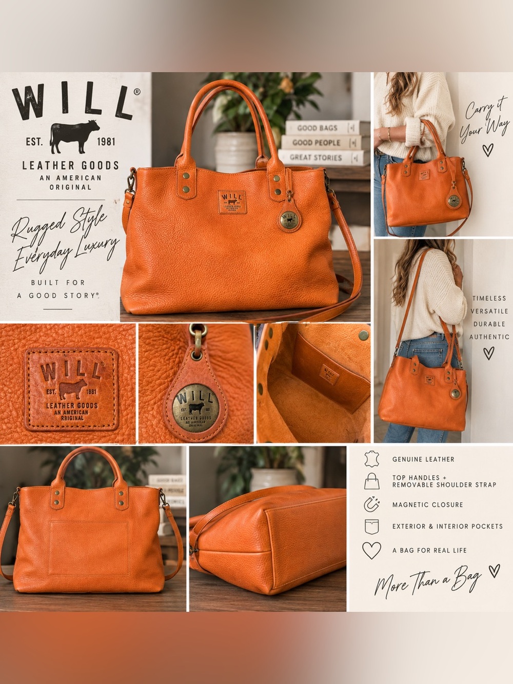 Will Leather Goods Orange Pebbled Leather Tote Satchel Shoulder Bag